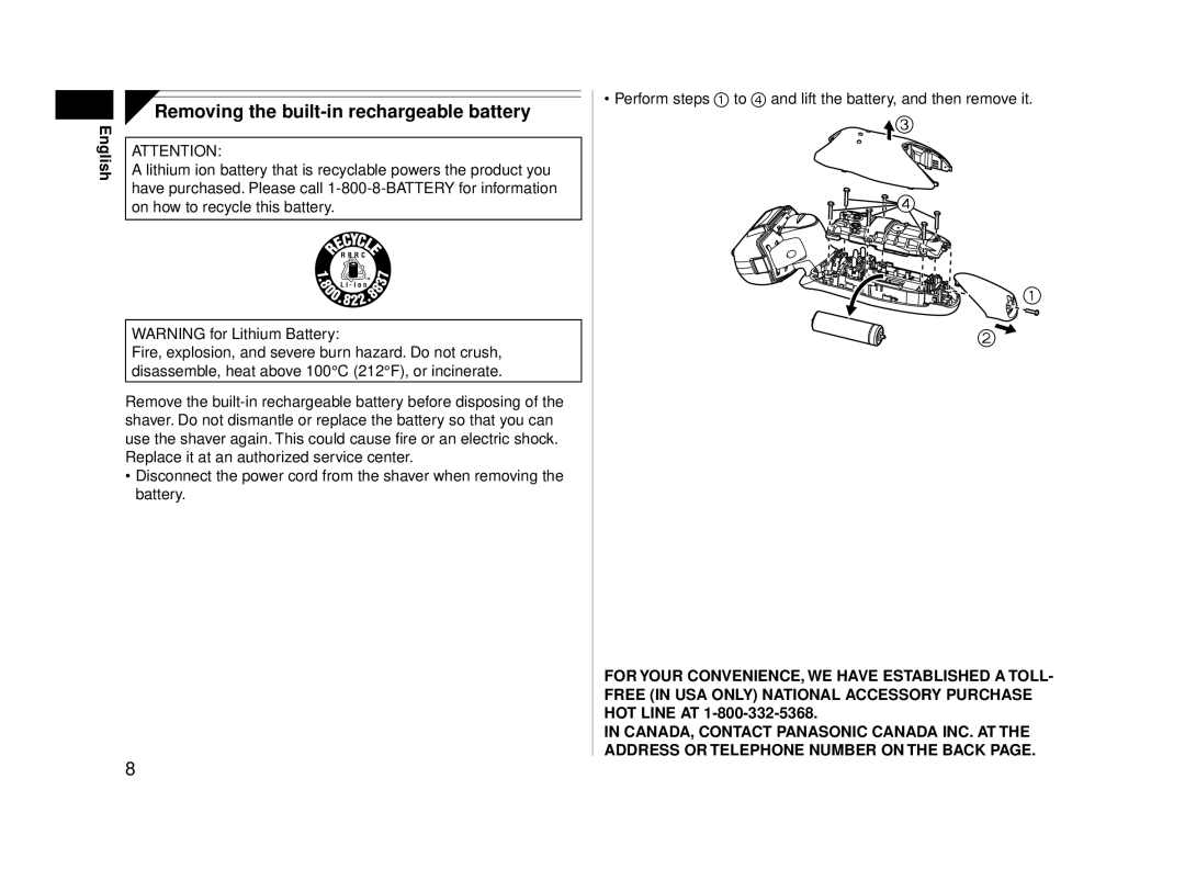 Panasonic ESLA63S operating instructions Removing the built-in rechargeable battery, On how to recycle this battery 