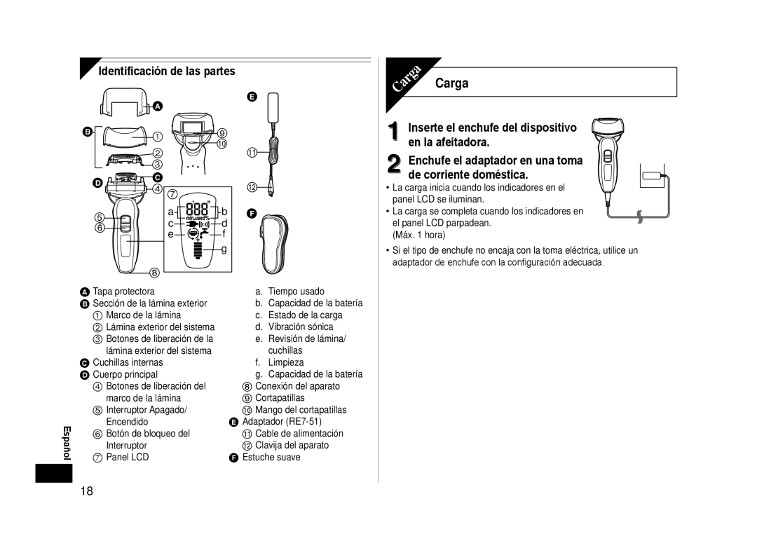 Panasonic ESLA63S operating instructions Carga, Identificación de las partes 