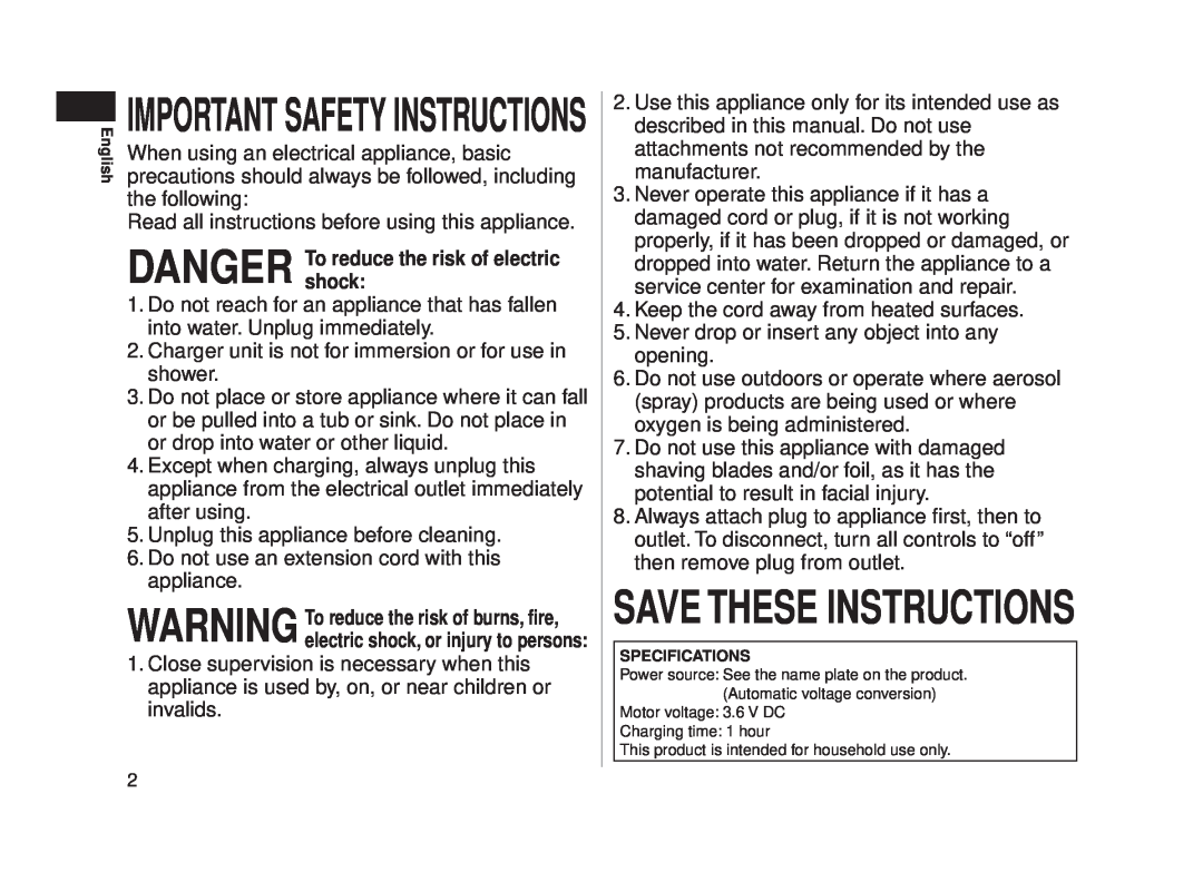 Panasonic ESLA63S operating instructions Save These Instructions, Important Safety Instructions 