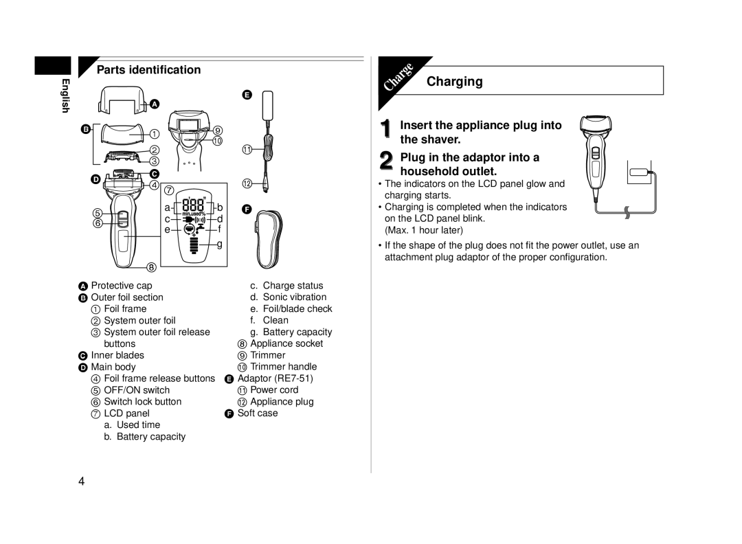 Panasonic ESLA63S operating instructions Charging, Parts identification, Insert the appliance plug into the shaver 