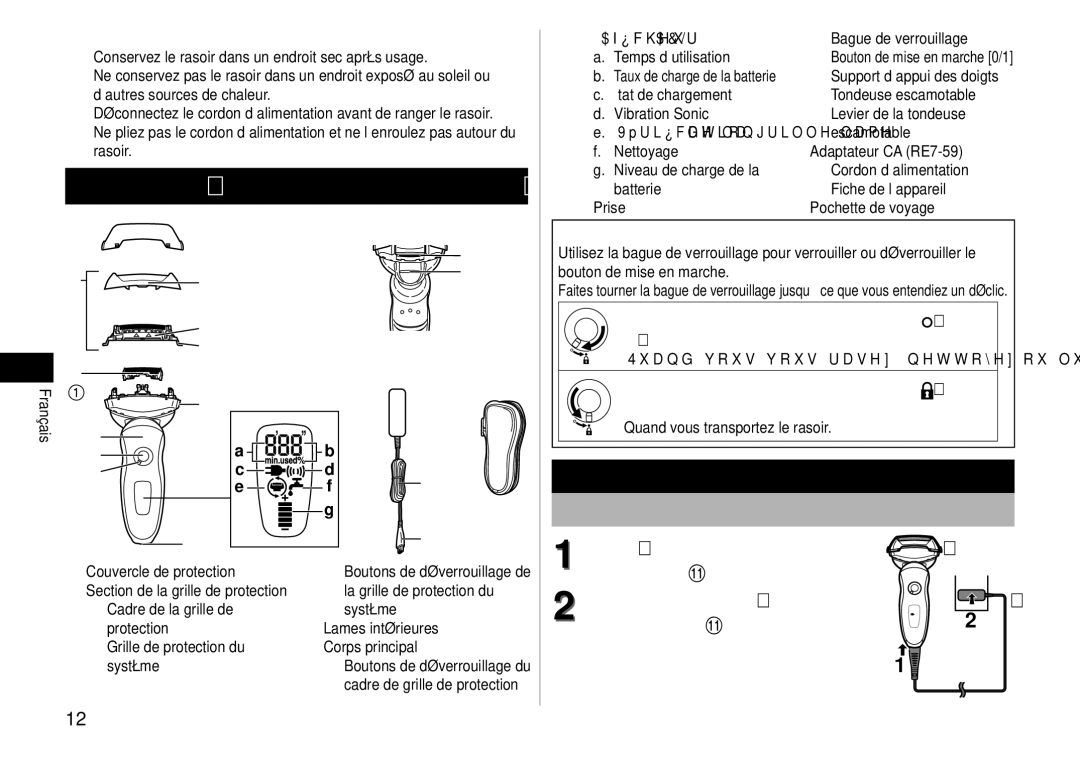 Panasonic ESLV61 operating instructions Identification des pièces, Chargement du rasoir,  Rangement du rasoir 