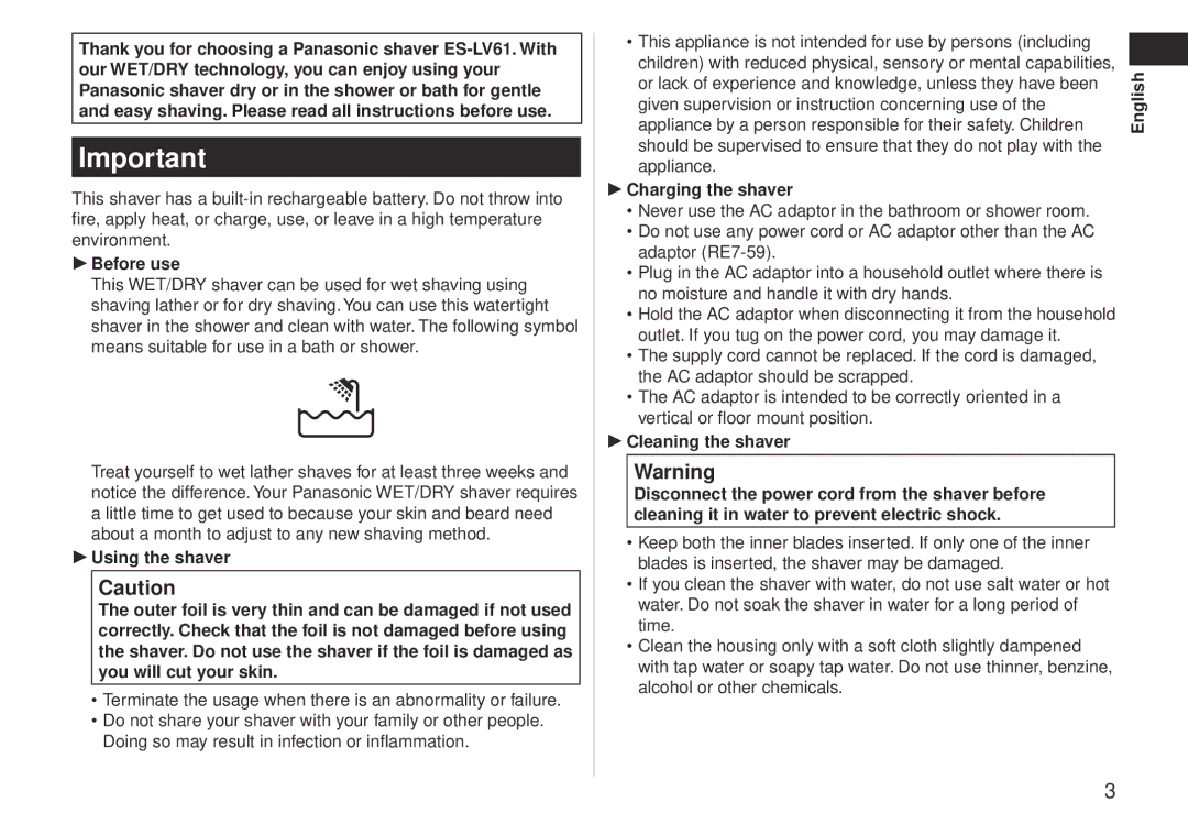 Panasonic ESLV61 operating instructions  English 