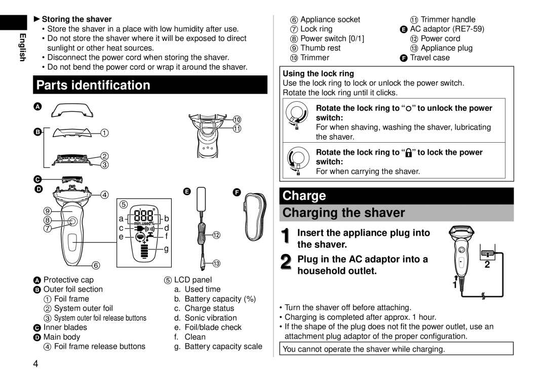 Panasonic ESLV61 operating instructions Parts identification 