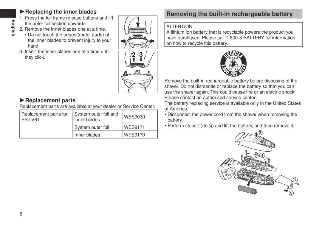 Panasonic ESLV61 operating instructions Removing the built-in rechargeable battery 