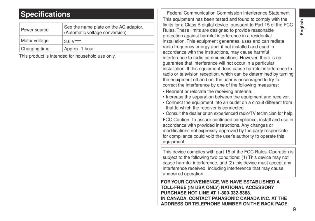 Panasonic ESLV61 operating instructions Specifications 