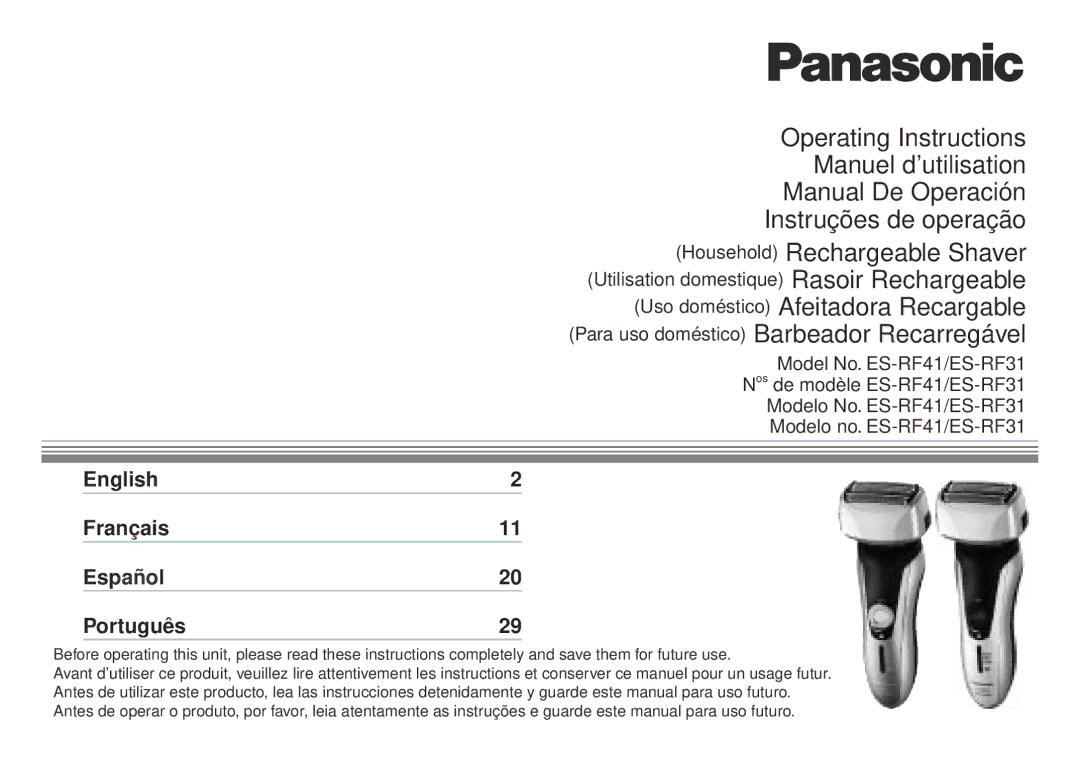 Panasonic ESRF-41 operating instructions English  Français  Español  Português  