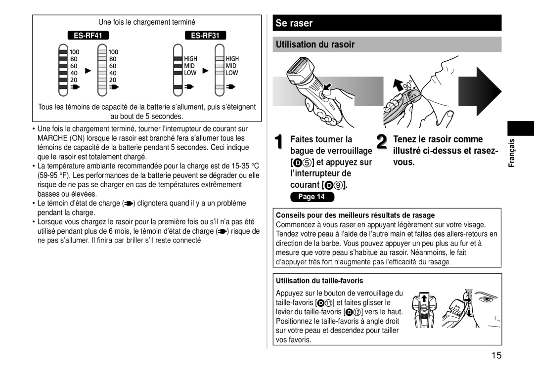 Panasonic ESRF-41 Se raser, D5 et appuyez sur Vous ’interrupteur de Courant D9., Utilisation du taille-favoris 