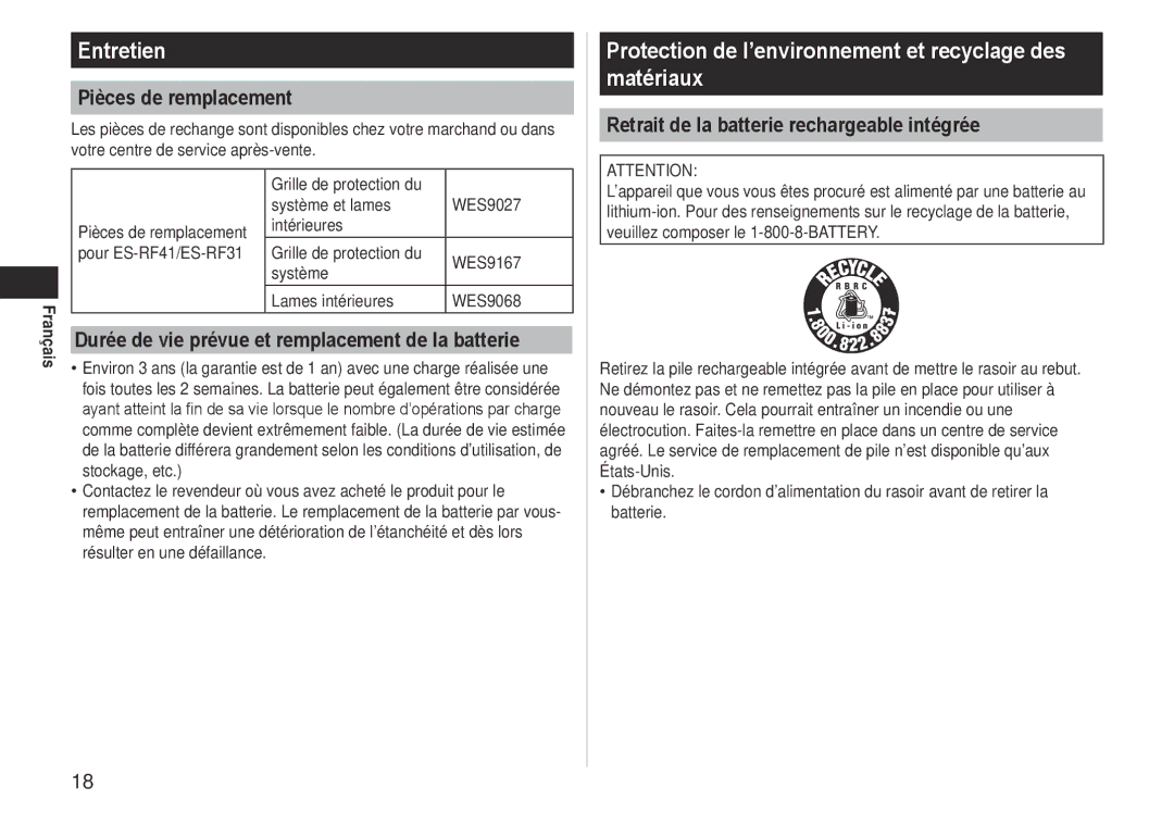 Panasonic ESRF-41 operating instructions Protection de l’environnement et recyclage des matériaux, Pièces de remplacement 