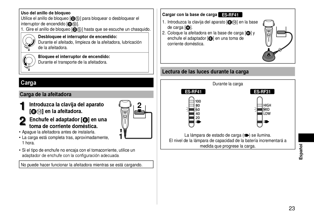 Panasonic ESRF-41 operating instructions Carga, Lectura de las luces durante la carga 