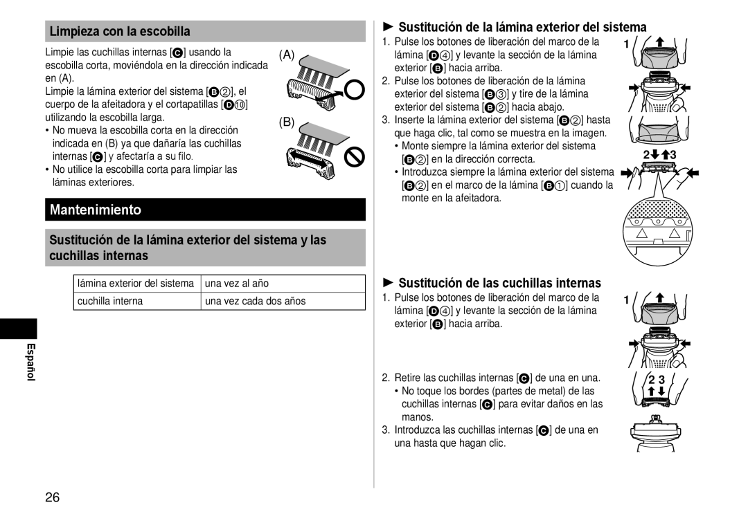 Panasonic ESRF-41 Mantenimiento, Limpieza con la escobilla,  Sustitución de la lámina exterior del sistema 