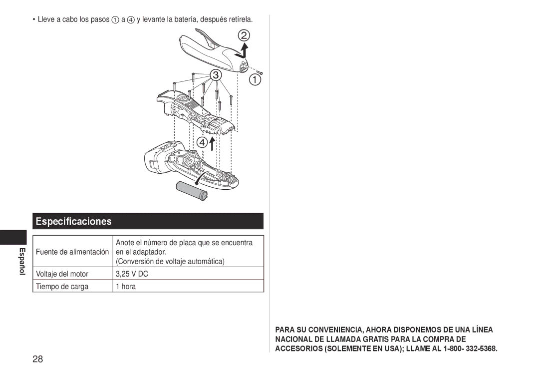 Panasonic ESRF-41 operating instructions Especificaciones, En el adaptador, Conversión de voltaje automática 