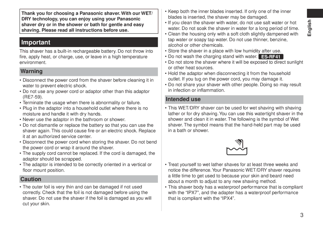 Panasonic ESRF-41 operating instructions Intended use 