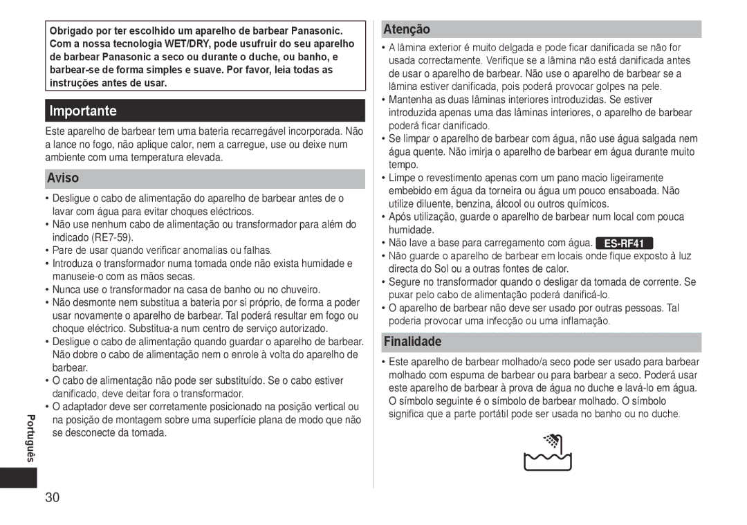 Panasonic ESRF-41 operating instructions Aviso, Atenção, Finalidade, Pare de usar quando verificar anomalias ou falhas 