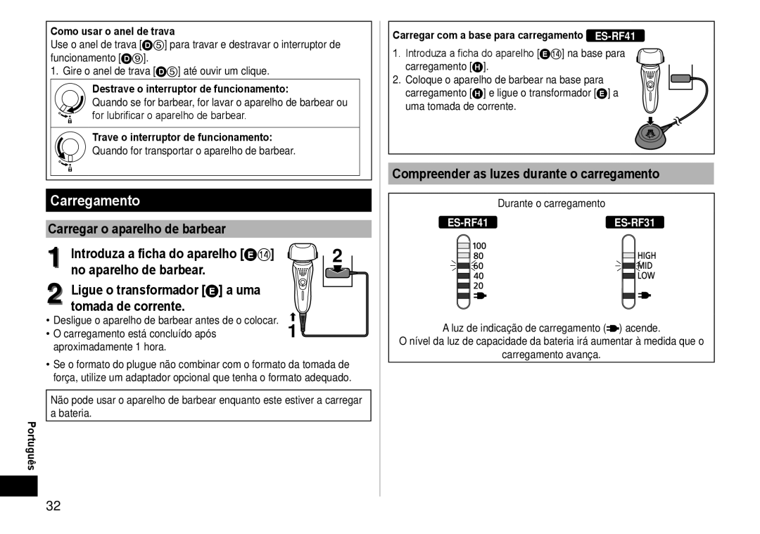 Panasonic ESRF-41 operating instructions Carregamento, Compreender as luzes durante o carregamento 