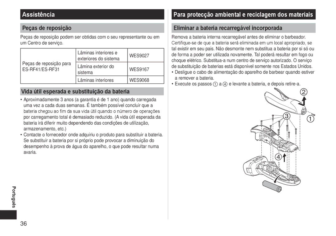 Panasonic ESRF-41 operating instructions Assistência, Peças de reposição, Vida útil esperada e substituição da bateria 