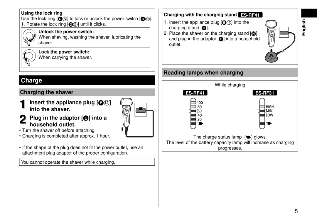 Panasonic ESRF-41 operating instructions Charge, Using the lock ring 