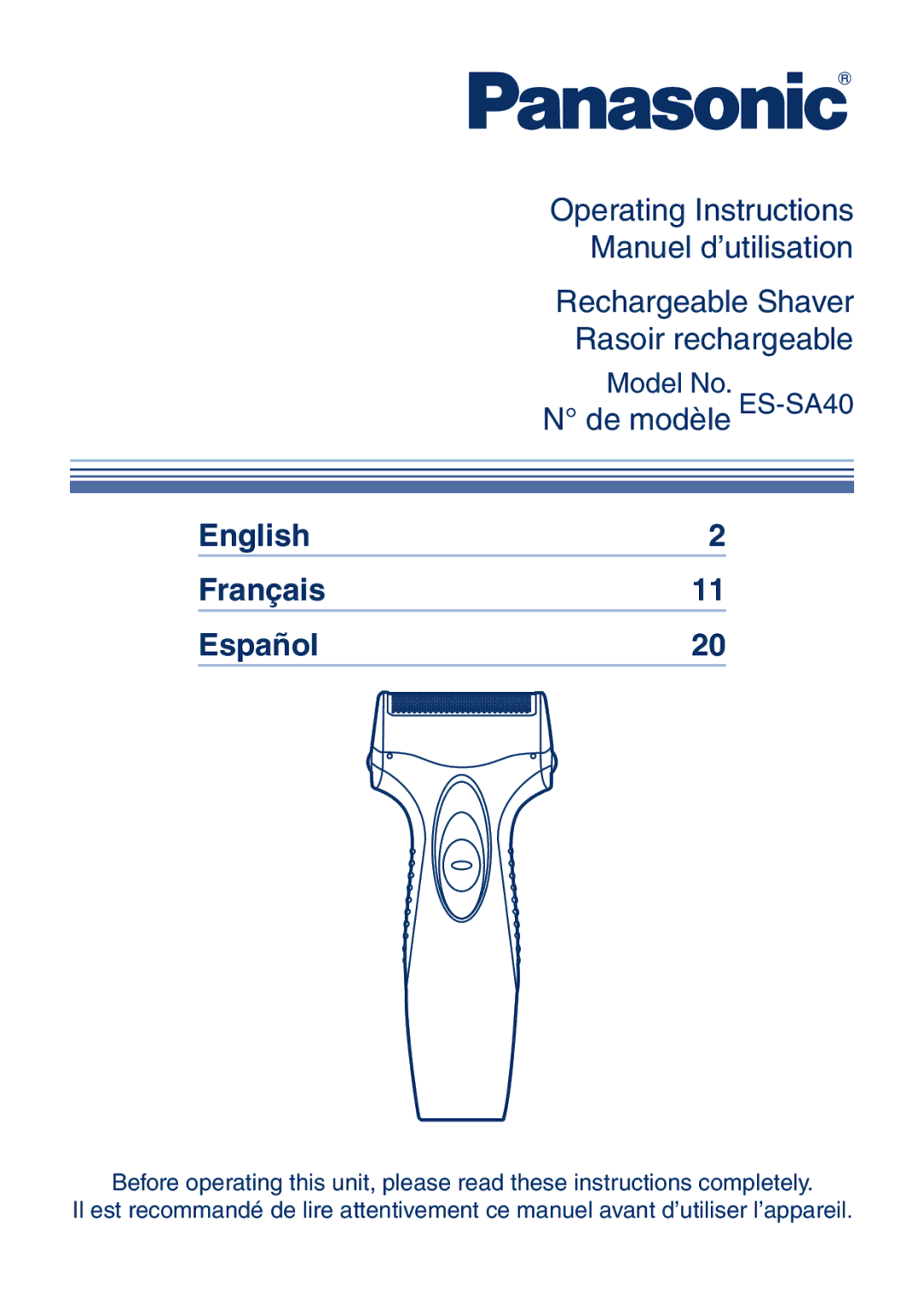 Panasonic ESSA40 operating instructions English2 Français11 Español20 