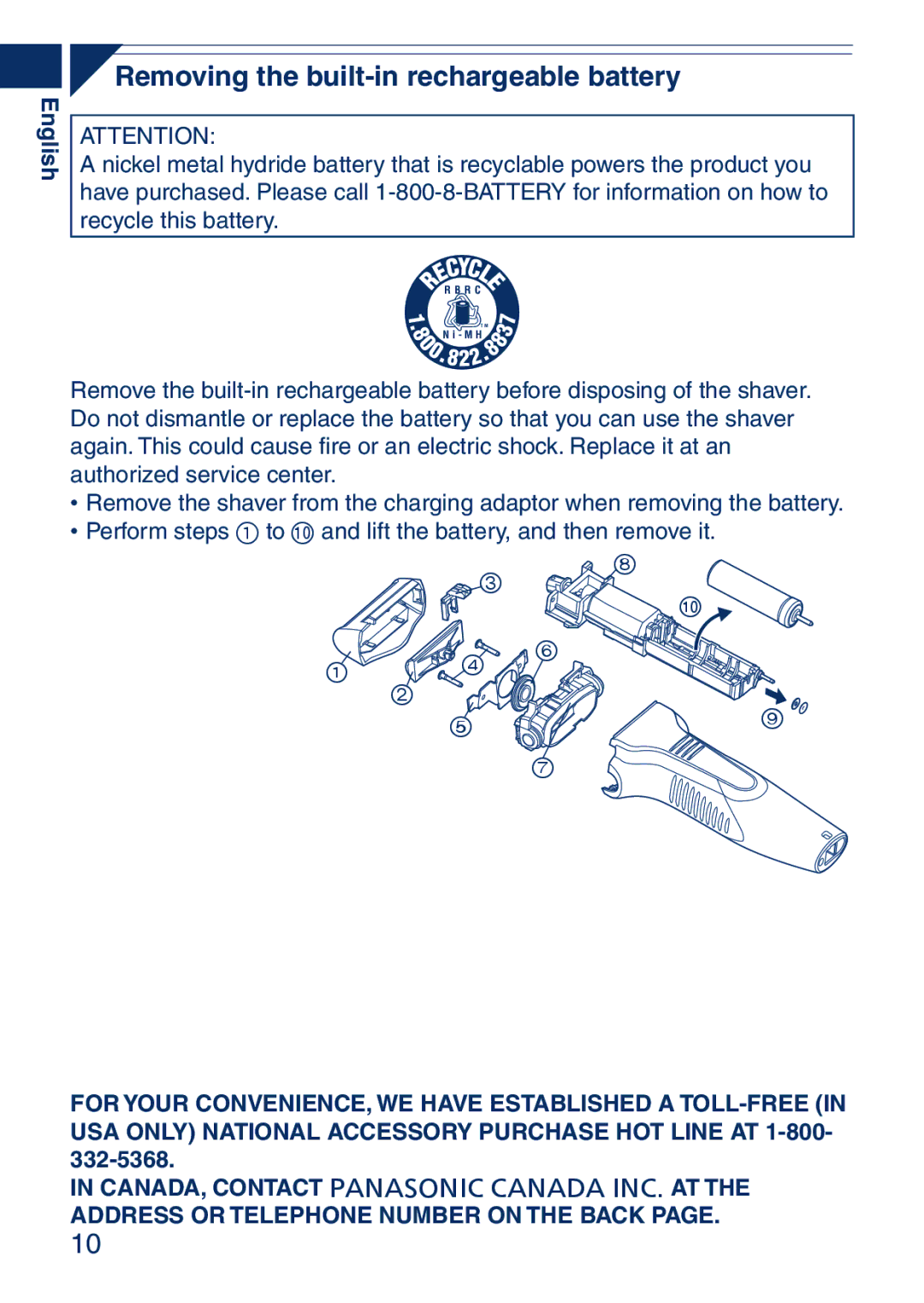 Panasonic ESSA40 operating instructions Removing the built-in rechargeable battery 