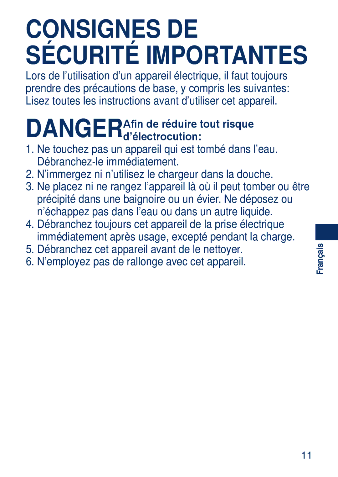 Panasonic ESSA40 operating instructions Consignes DE Sécurité Importantes 