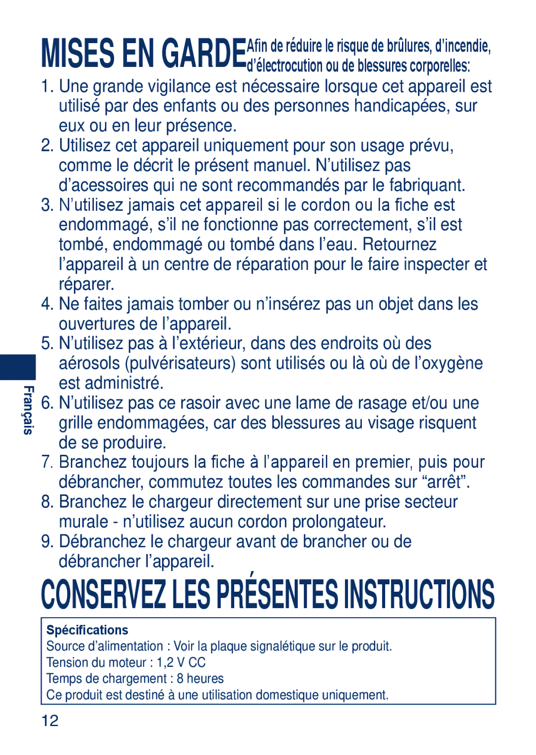 Panasonic ESSA40 operating instructions Conservez LES Présentes Instructions, Spécifications 