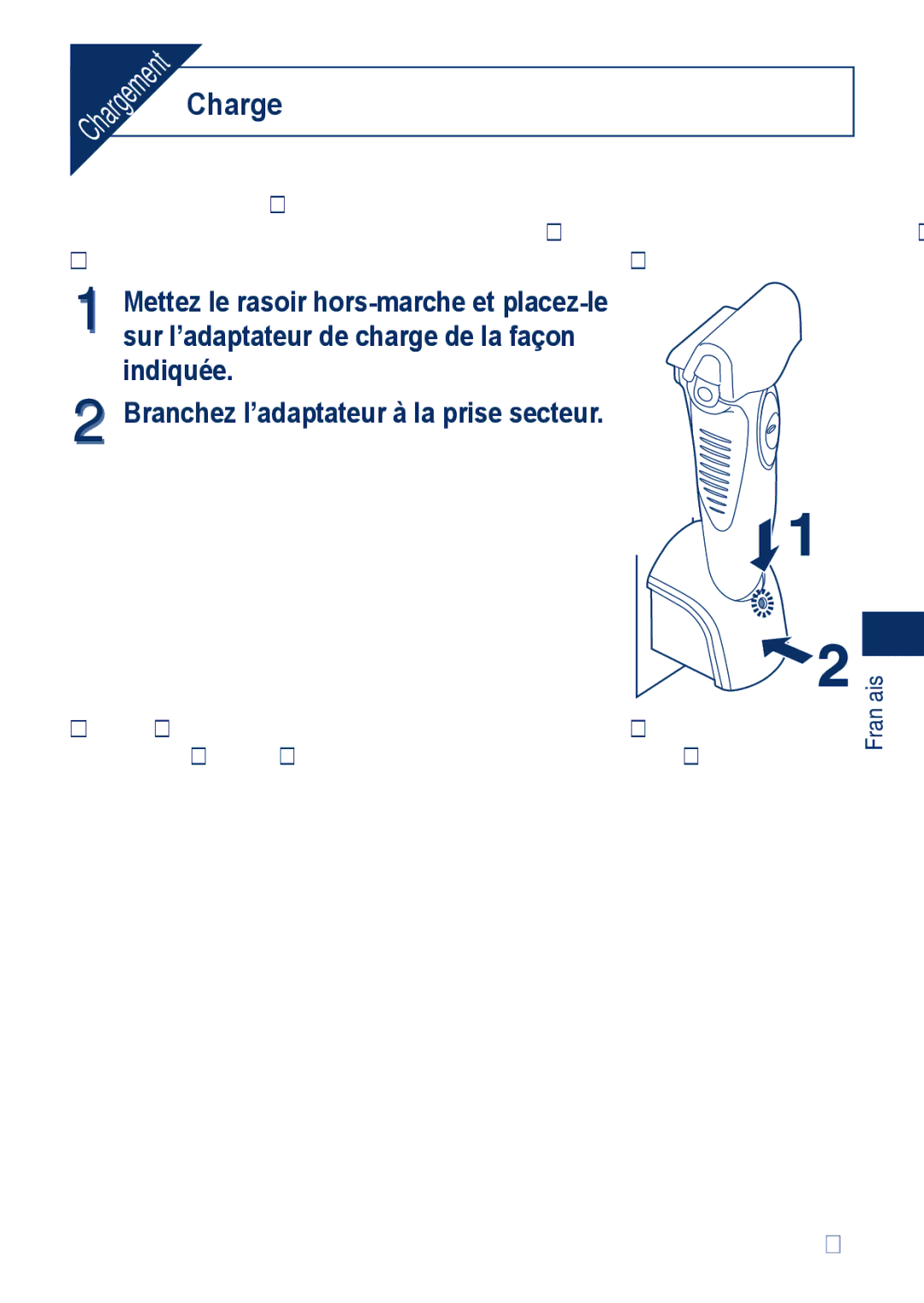 Panasonic ESSA40 operating instructions Charge, Indiquée Branchez l’adaptateur à la prise secteur 