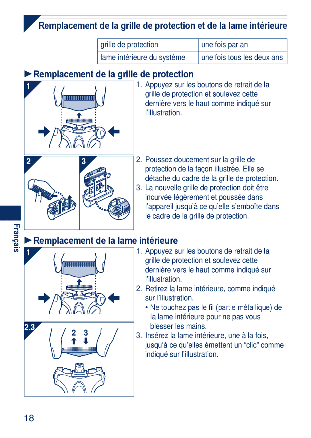 Panasonic ESSA40 operating instructions Remplacement de la grille de protection, Remplacement de la lame intérieure 