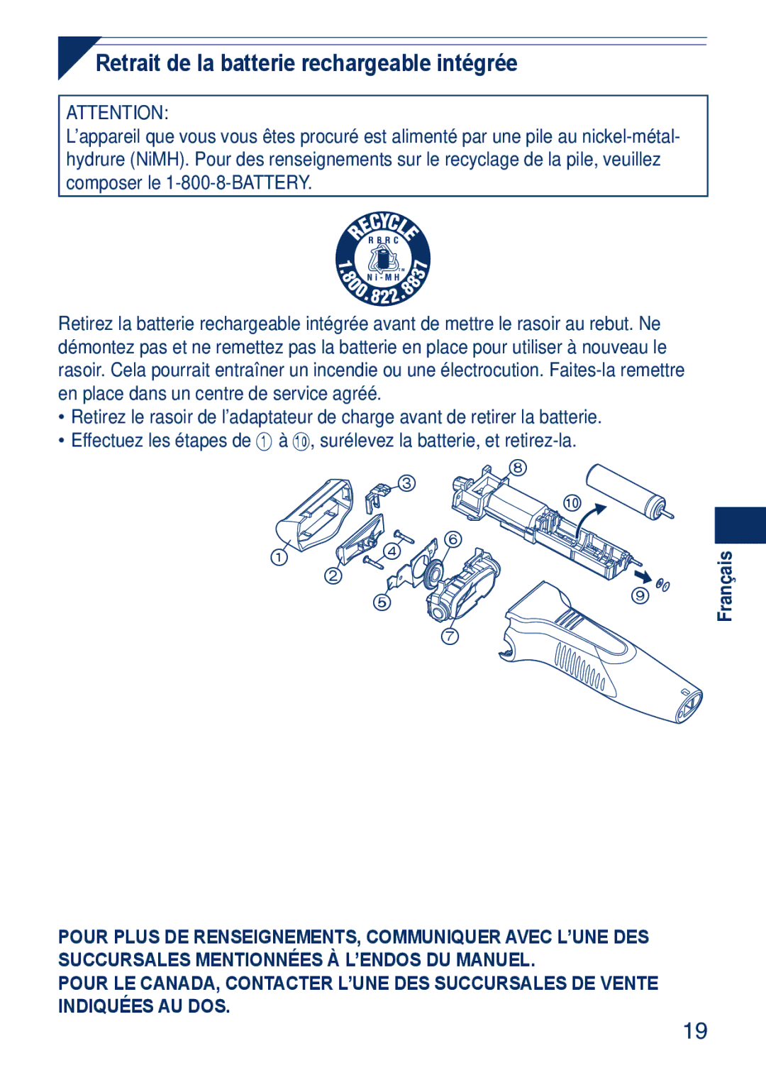 Panasonic ESSA40 operating instructions Retrait de la batterie rechargeable intégrée 