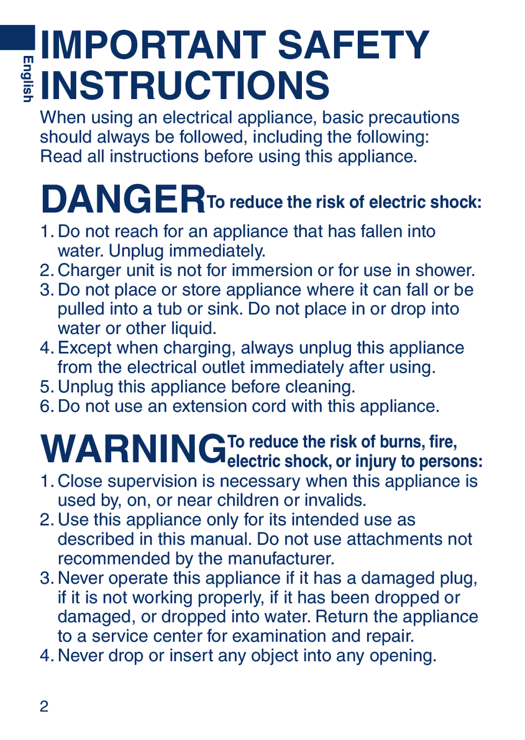 Panasonic ESSA40 operating instructions Important Safety Instructions 