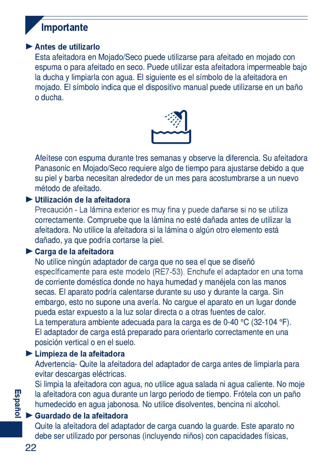 Panasonic ESSA40 operating instructions Importante 