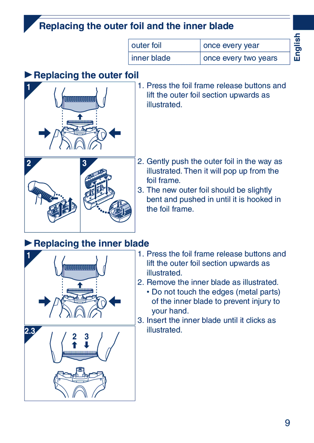 Panasonic ESSA40 operating instructions Replacing the outer foil and the inner blade 