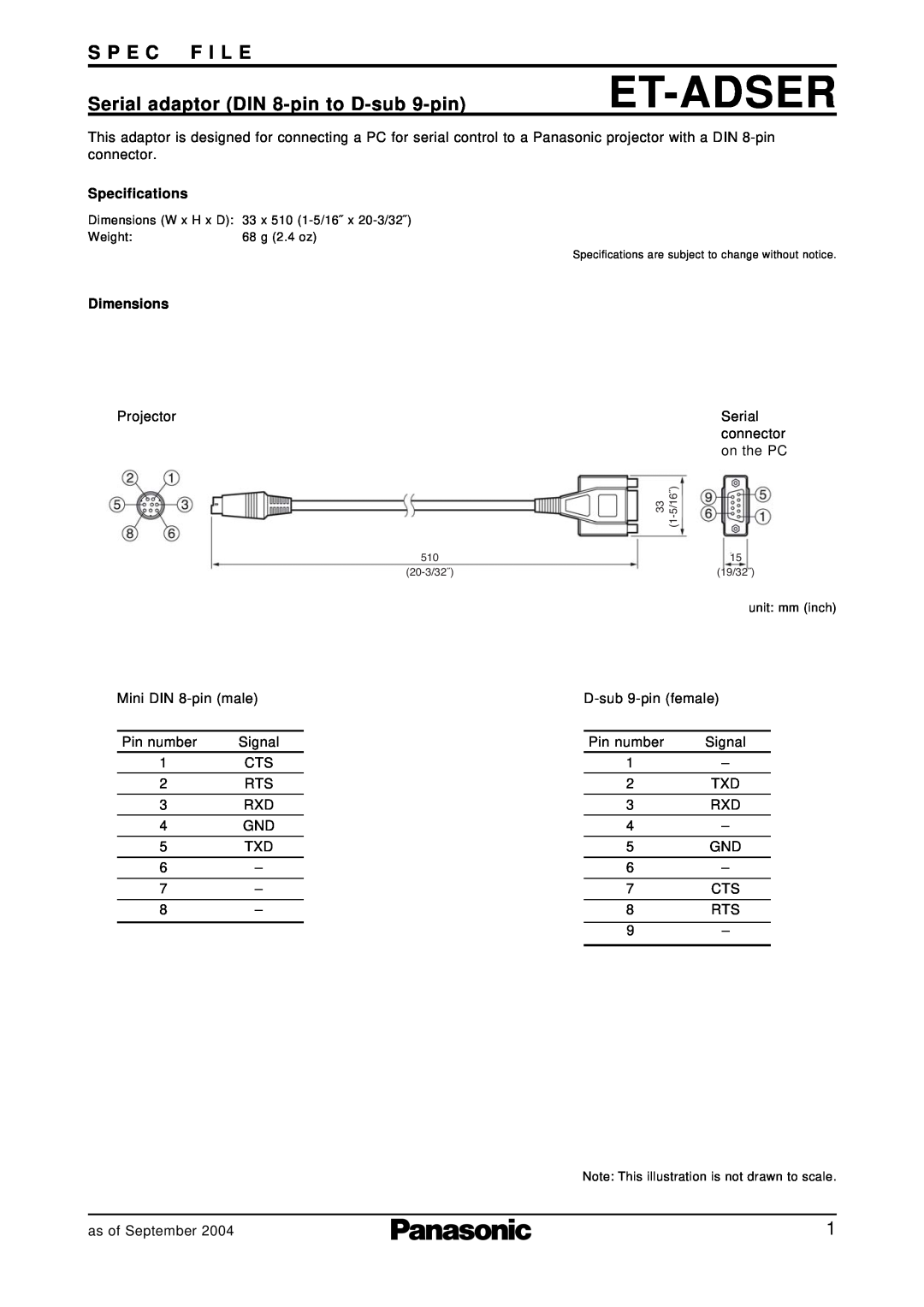Panasonic et-adser specifications Et-Adser, S P E C F I L E, Serial adaptor DIN 8-pin to D-sub 9-pin, Specifications 