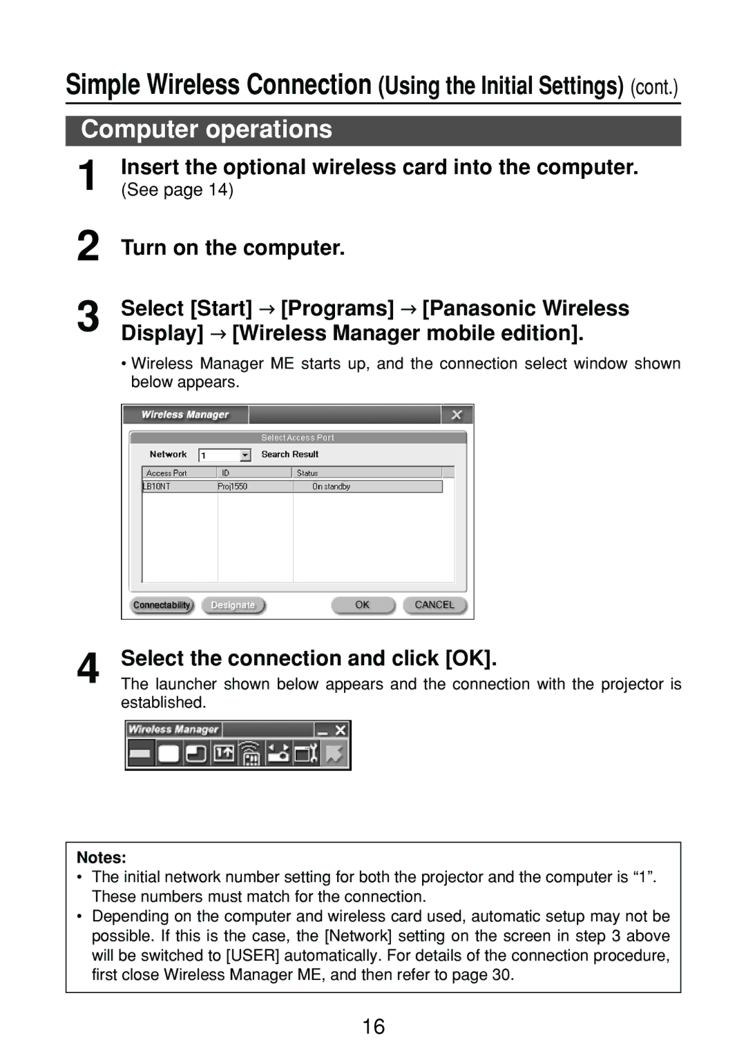 Panasonic ET-CDWL2U, ET-CDWL3U, FT-LB10NTU manual Computer operations, Simple Wireless Connection Using the Initial Settings 