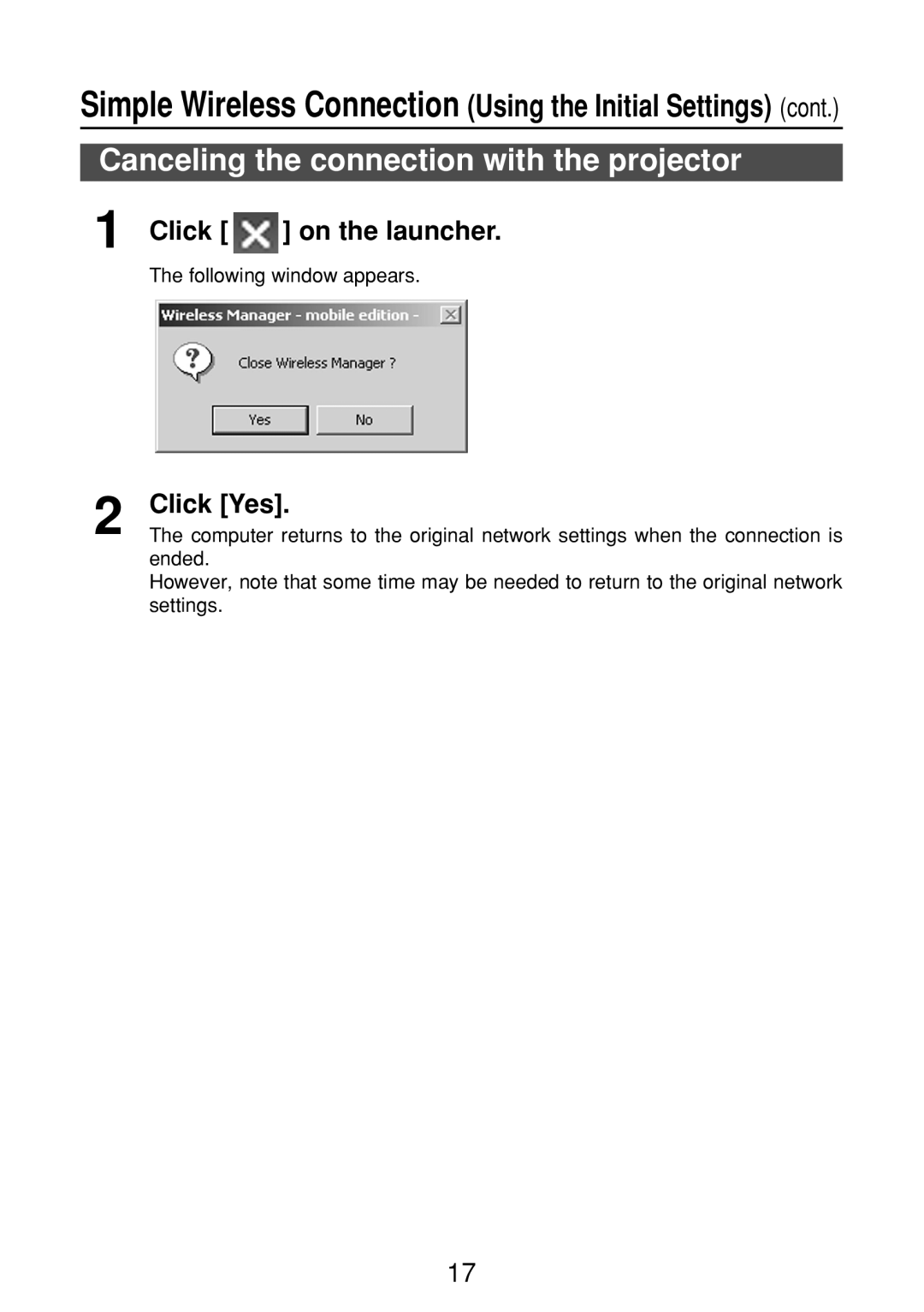 Panasonic ET-CDWL3U, ET-CDWL2U, FT-LB10NTU Canceling the connection with the projector, Click on the launcher, Click Yes 