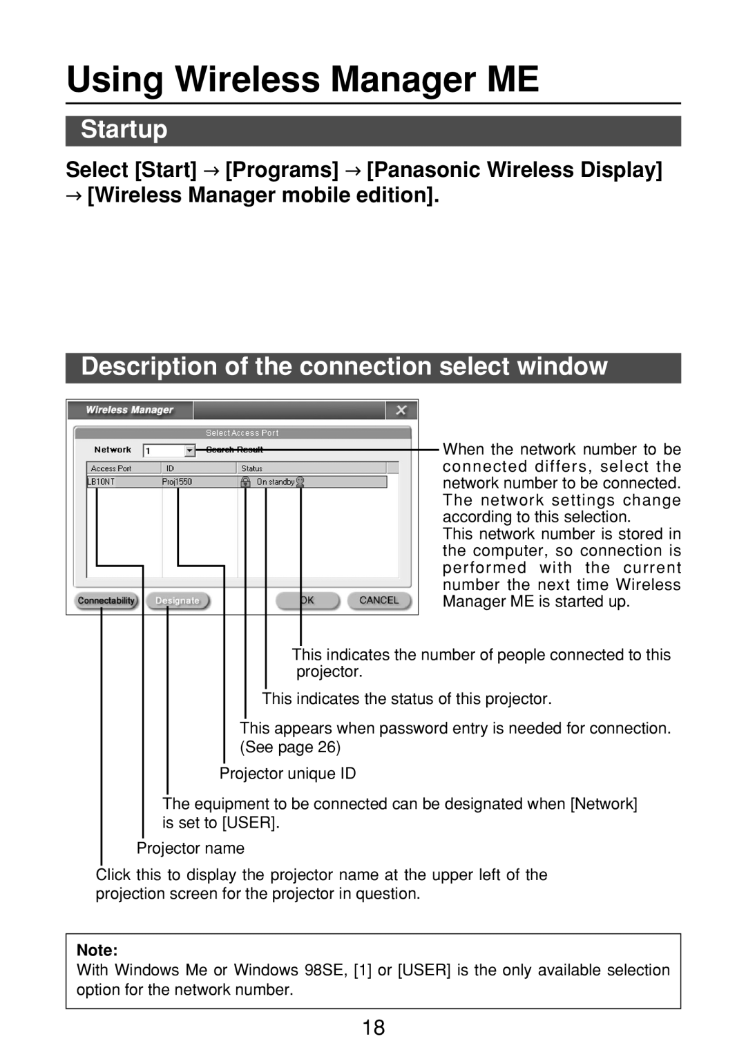 Panasonic FT-LB10NTU, ET-CDWL2U, ET-CDWL3U Using Wireless Manager ME, Startup, Description of the connection select window 