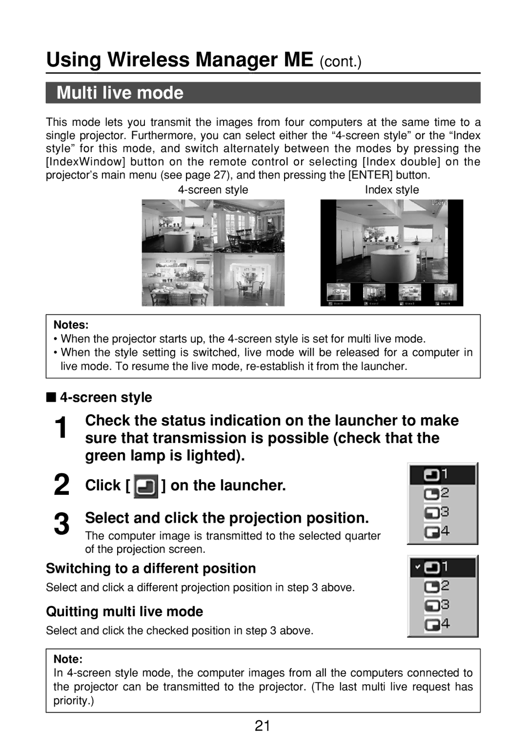 Panasonic ET-CDWL3U, ET-CDWL2U Multi live mode, Screen style, Switching to a different position, Quitting multi live mode 