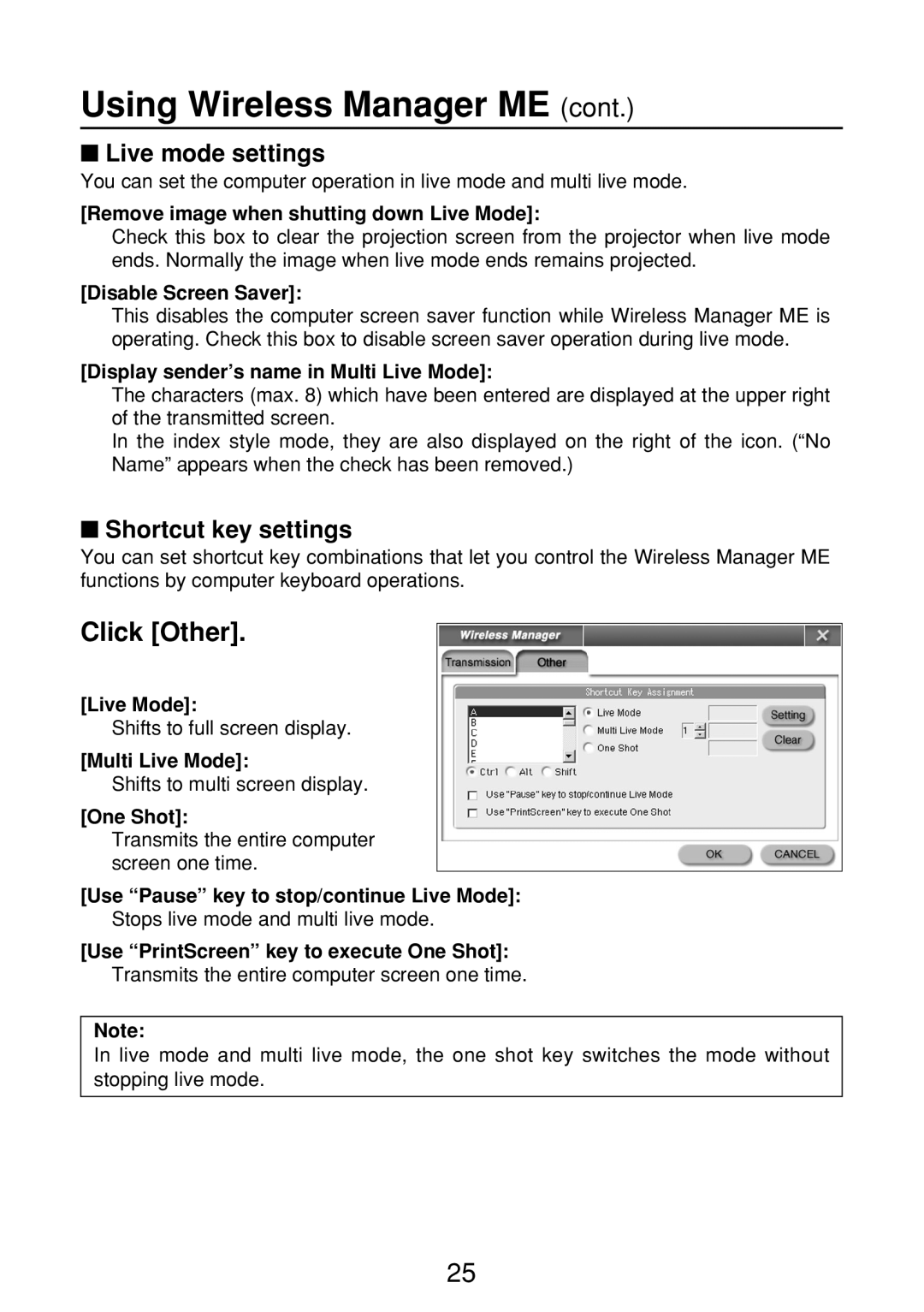 Panasonic ET-CDWL3U, ET-CDWL2U, FT-LB10NTU, N5HBD0000028 manual Click Other, Live mode settings, Shortcut key settings 