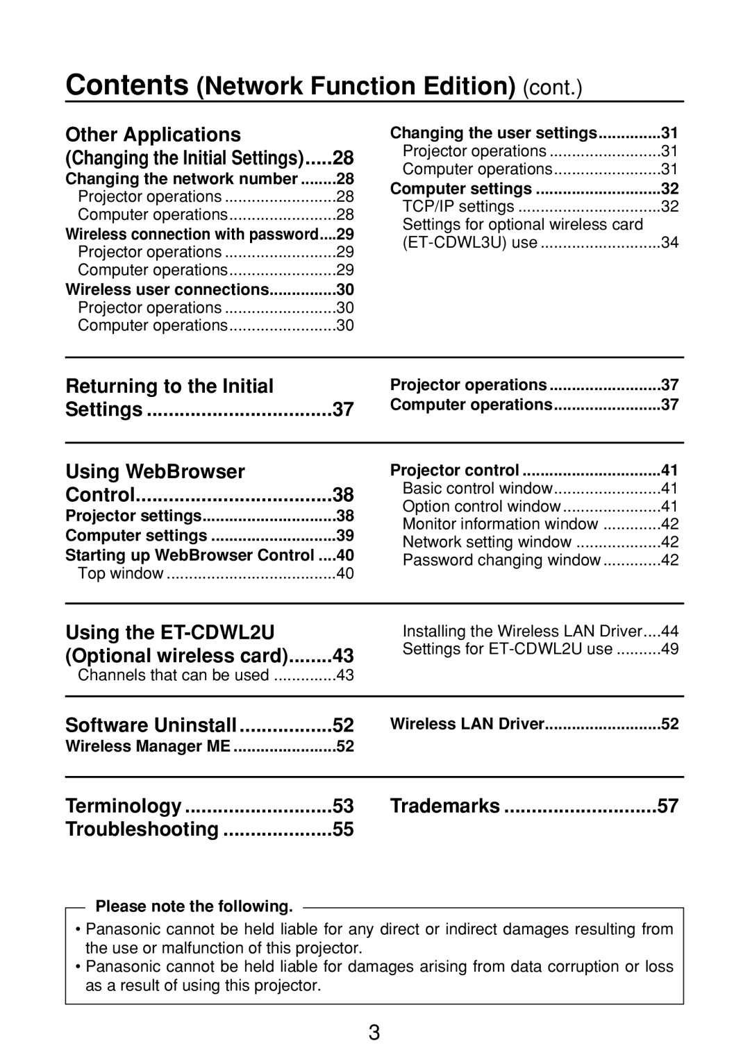 Panasonic N5HBD0000028, ET-CDWL2U, ET-CDWL3U, FT-LB10NTU manual Contents Network Function Edition 