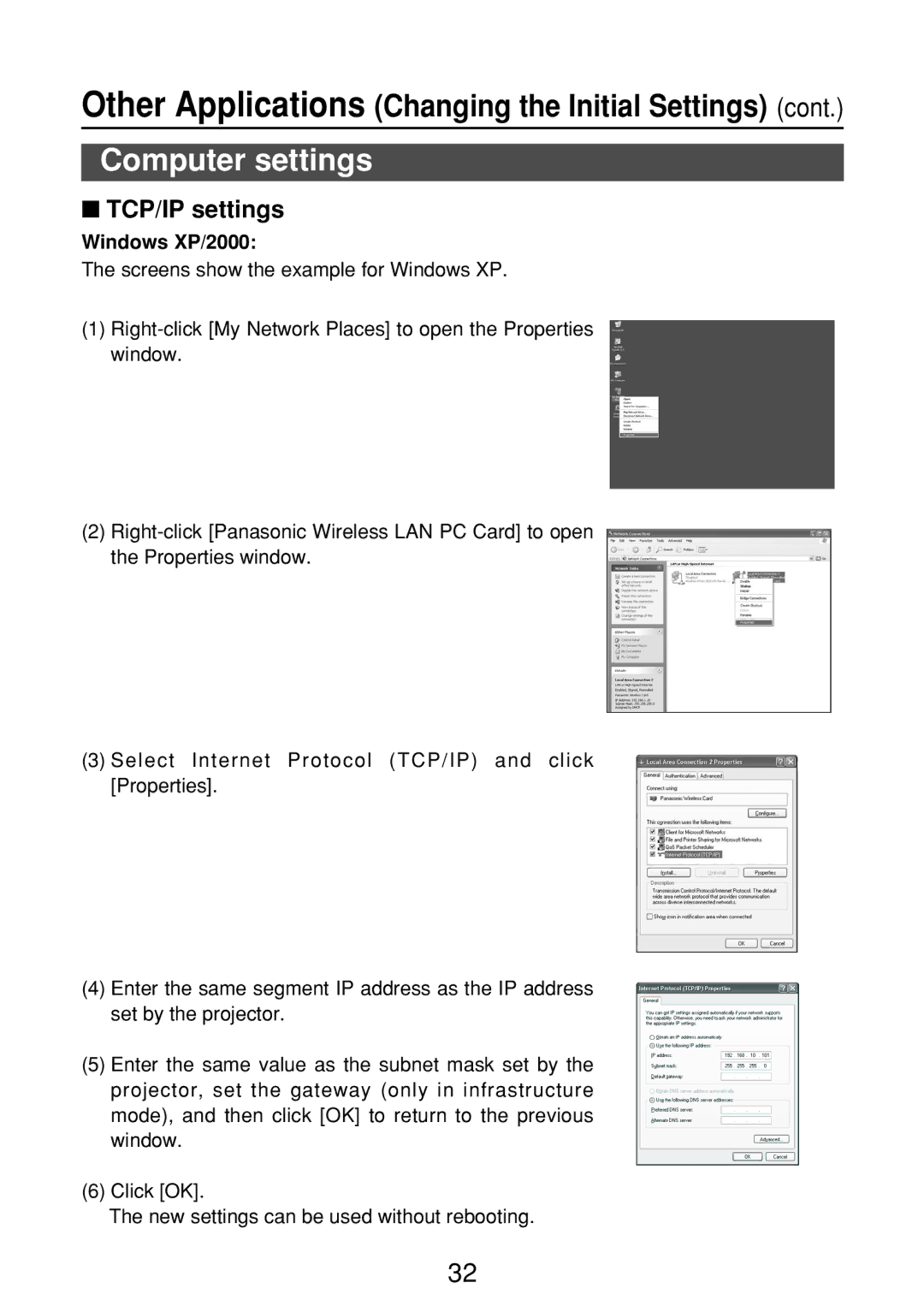 Panasonic ET-CDWL2U, ET-CDWL3U, FT-LB10NTU, N5HBD0000028 manual Computer settings, TCP/IP settings, Windows XP/2000 