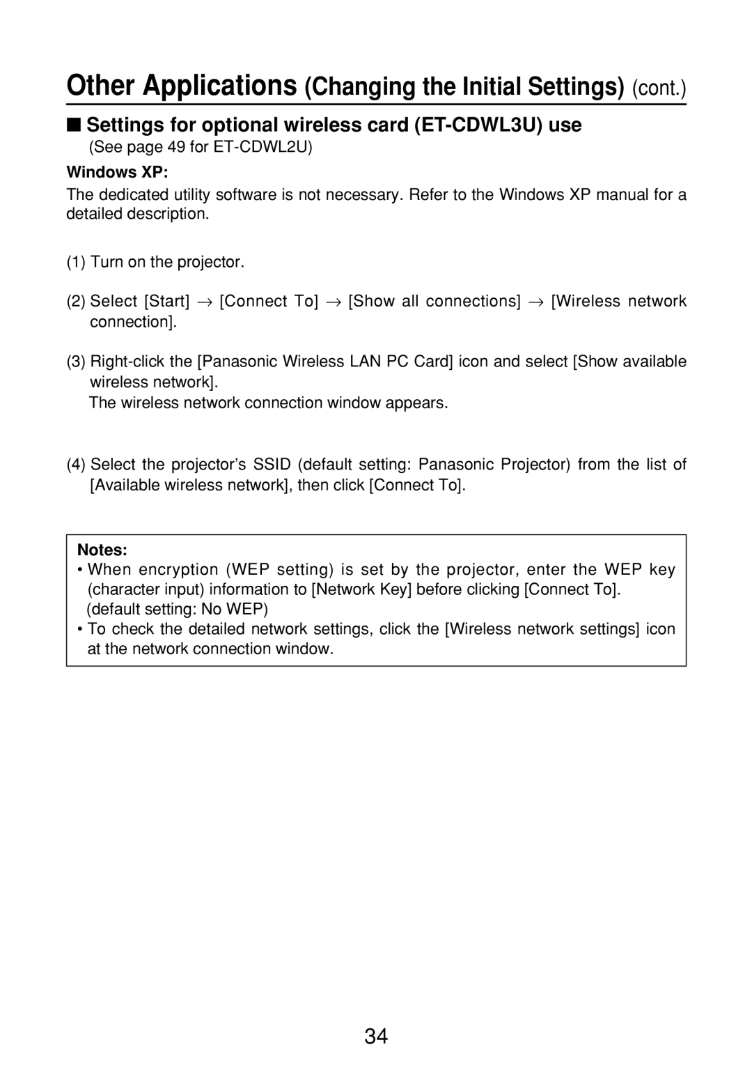 Panasonic FT-LB10NTU, ET-CDWL2U, N5HBD0000028 manual Settings for optional wireless card ET-CDWL3U use, Windows XP 