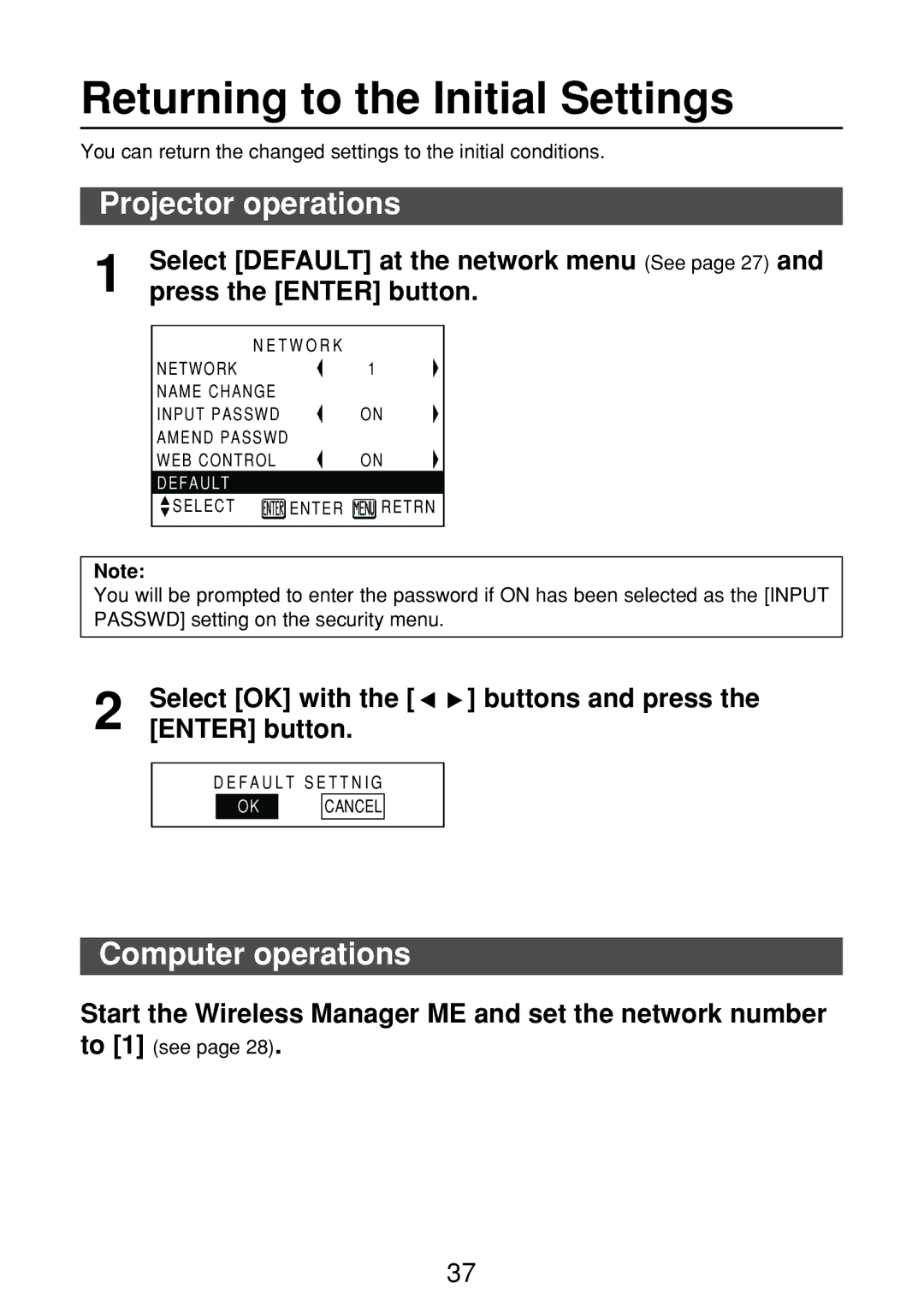 Panasonic ET-CDWL3U, ET-CDWL2U, FT-LB10NTU, N5HBD0000028 manual Returning to the Initial Settings, Press the Enter button 