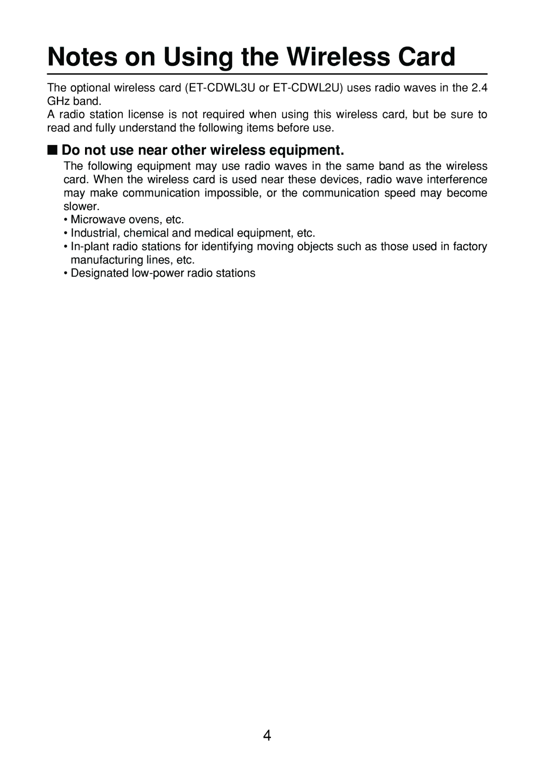 Panasonic ET-CDWL2U, ET-CDWL3U, FT-LB10NTU, N5HBD0000028 manual Do not use near other wireless equipment 