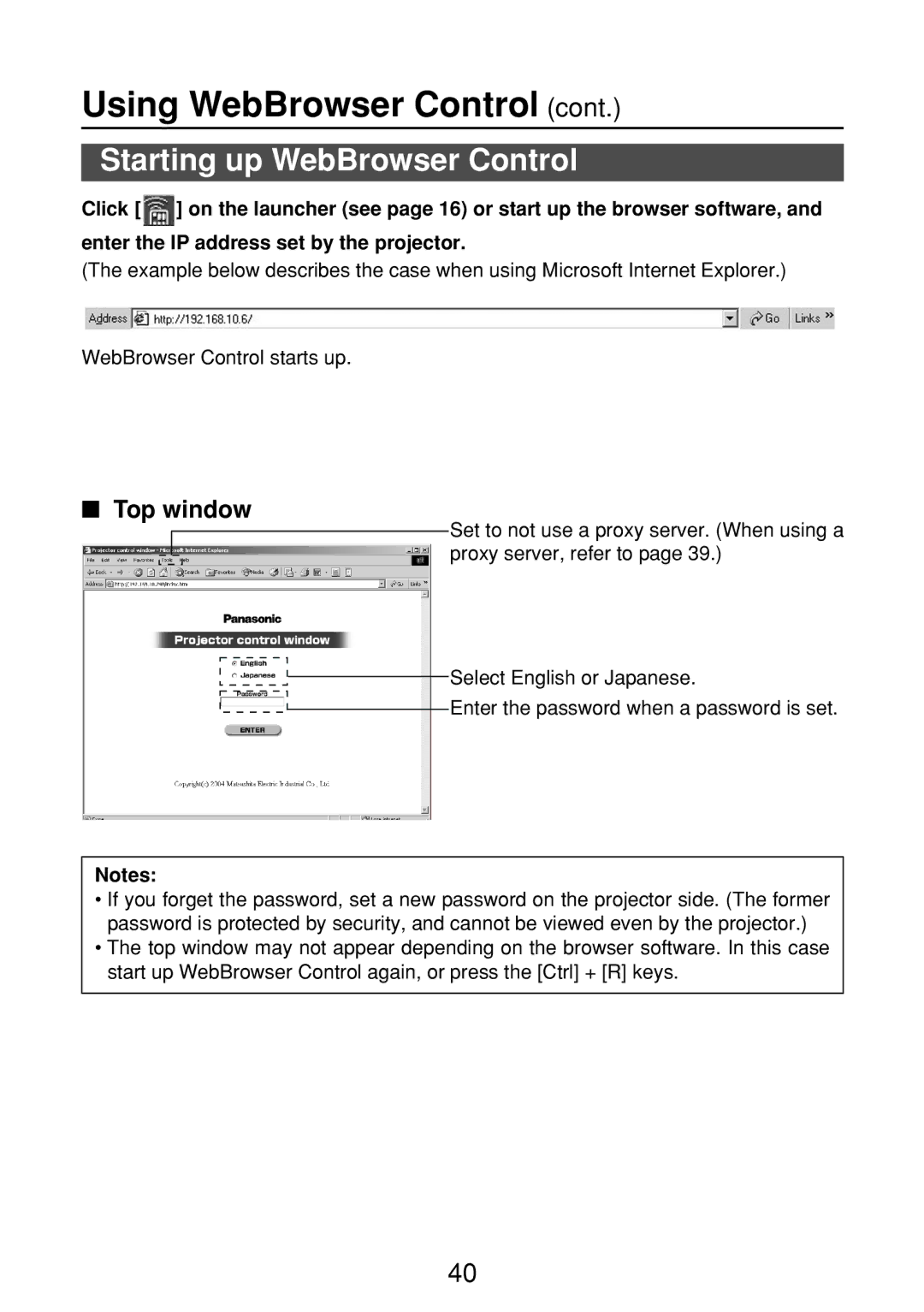 Panasonic ET-CDWL2U, ET-CDWL3U, FT-LB10NTU, N5HBD0000028 manual Starting up WebBrowser Control, Top window 