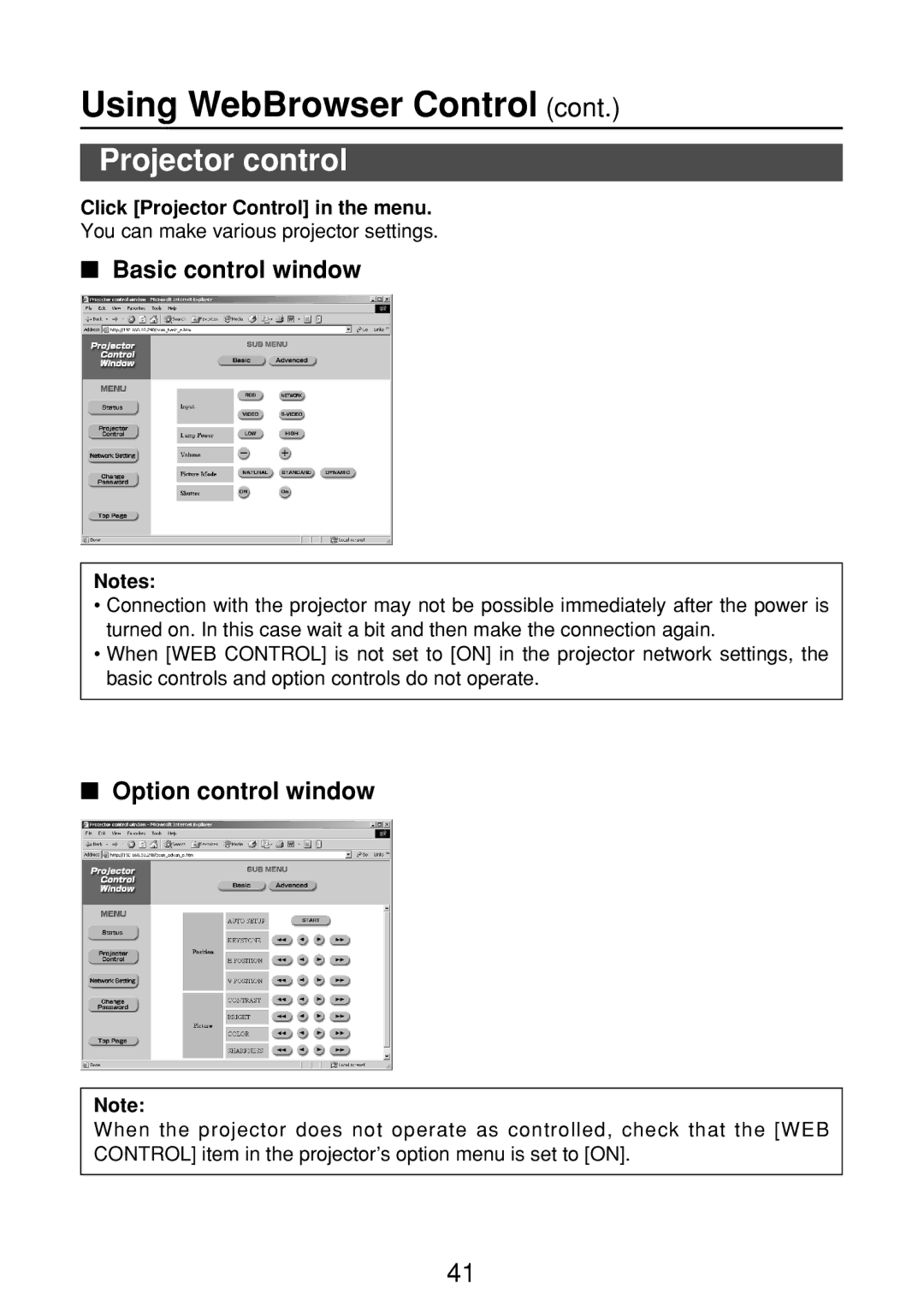 Panasonic ET-CDWL3U Projector control, Basic control window, Option control window, Click Projector Control in the menu 