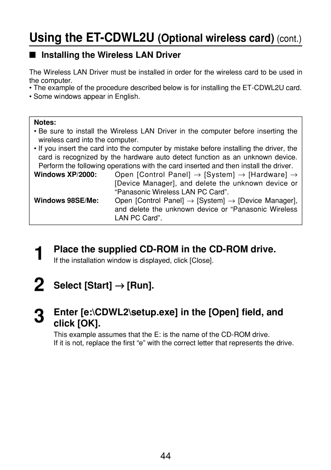 Panasonic ET-CDWL2U, ET-CDWL3U manual Place the supplied CD-ROM in the CD-ROM drive, Installing the Wireless LAN Driver 