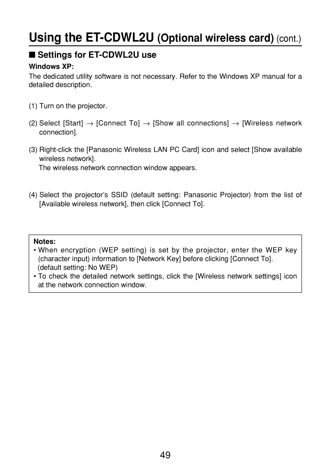 Panasonic ET-CDWL3U, FT-LB10NTU, N5HBD0000028 manual Settings for ET-CDWL2U use 