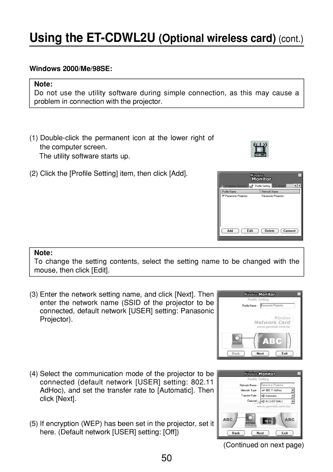 Panasonic FT-LB10NTU, ET-CDWL2U, ET-CDWL3U, N5HBD0000028 manual Windows 2000/Me/98SE 