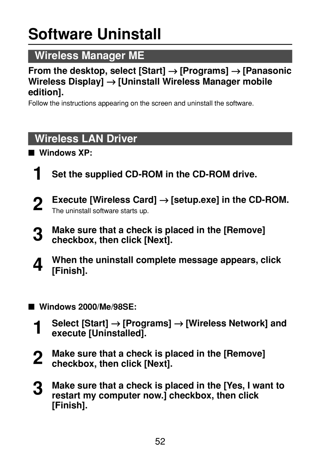 Panasonic ET-CDWL2U, ET-CDWL3U Software Uninstall, Wireless Manager ME, Make sure that a check is placed in the Remove 