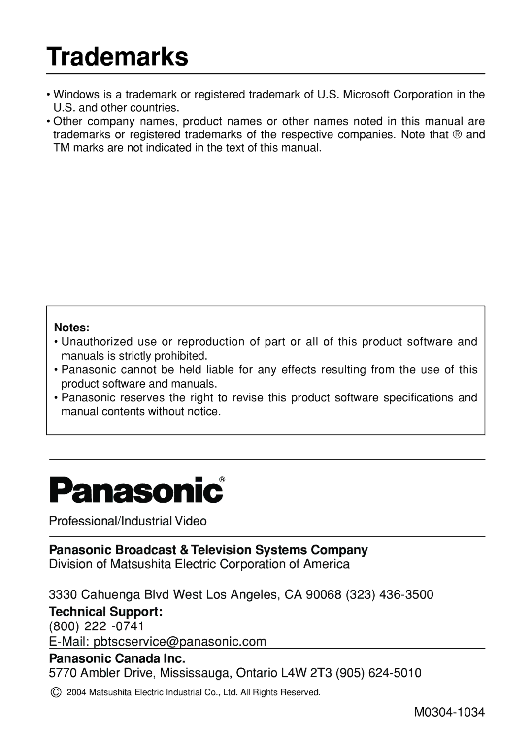 Panasonic ET-CDWL3U, ET-CDWL2U, FT-LB10NTU, N5HBD0000028 manual Trademarks, Panasonic Broadcast & Television Systems Company 