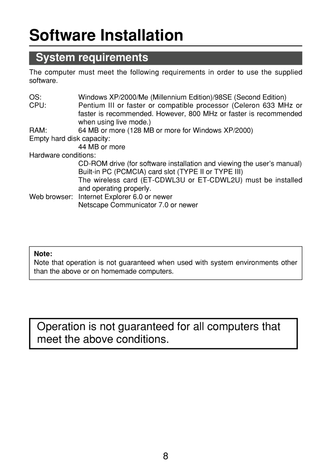 Panasonic ET-CDWL2U, ET-CDWL3U, FT-LB10NTU, N5HBD0000028 manual Software Installation, System requirements 