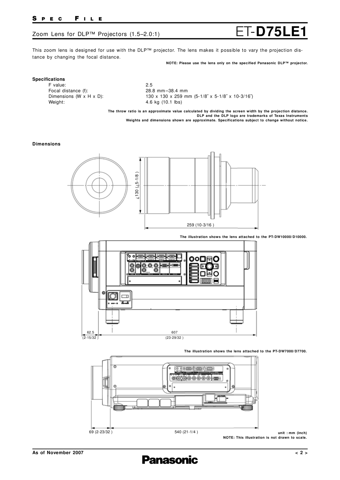 Panasonic ET-D75LE6 specifications ET-D75LE1, Ø130 ø5-1/8˝, 259 10-3/16˝ 